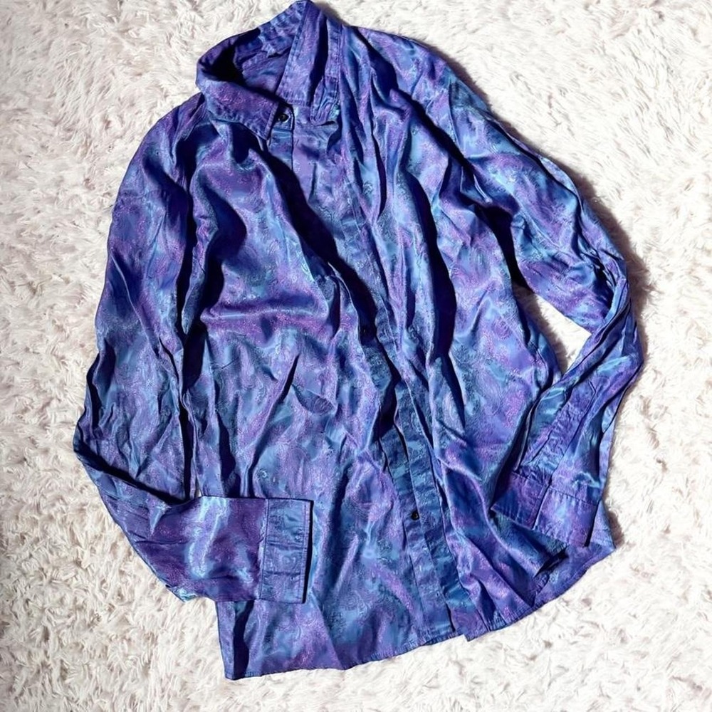 Mystical Abstract Tie Dye Groovy 70s Paisley Funky Silky Button Down Womens XL